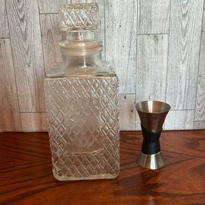 Diamond Cut Glass Liquor Decanter & Stainless Steel Dble Measuring Cup